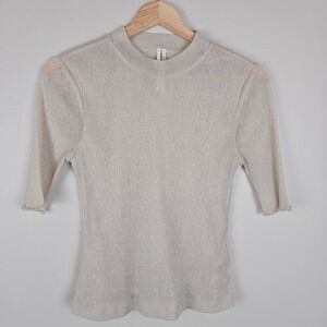 Anthropologie Mock Neck Top Medium‎ 1/2 Sleeve Sheer Cream Metallic Party Mesh